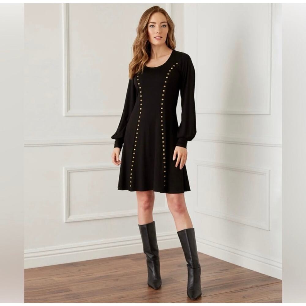 Karen Kane Black Long-Sleeve A-Line Dress with Gold Studs